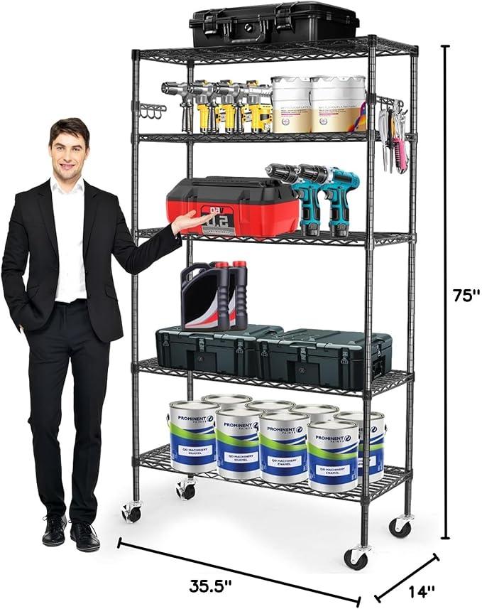 YNN Storage Shelves,1750Lbs 5 Tier Heavy Duty Metal Rolling Shelving Unit with Wheels & 8 Hooks, Adjustable Garage Wire Rack for Kitchen, Bathroom,Industrial,Pantry(36" W x 14" D x 72" H,Black) - ModernBath