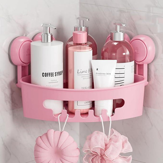 TAILI Corner Shower Caddy with Suction Cups, Wall Mounted Organizer Plastic Rack for Small Bathrooms, Kitchen, Removable Drill-Free Heavy Duty Shelf Basket, PINK - ModernBath