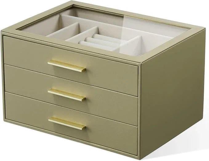 Jewelry Box Organizer Case for Women: 3-Layer Jewelry Storage Case with Glass Window, Olive Green Leather with Cream Velvet, Holder for Ring Necklace Bracelet Brooch Watch, Great Gift for Her - ModernBath