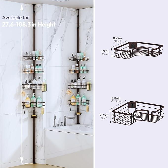 SWTYMIKI Shower Caddy Tension Pole - 4-Tier Corner Shower Organizer Tension Rod with Soap Holder, Toothbrush Holder & 4 Hooks, Adjustable Stainless Steel Bathroom Organizer 27.6 to 108.3 inch, Bronze - ModernBath