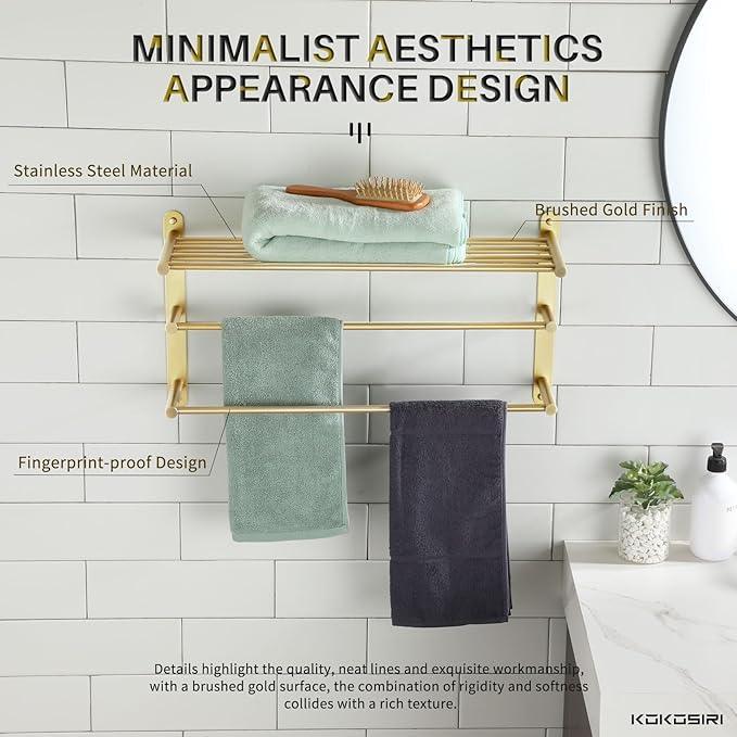 KOKOSIRI 3 Tier Bath Towel Rack 24 Inch Wall Mounted Rack with Towel Bars Towel Shelf with Single Towel Bar Bathroom Ladder Brushed Gold B5003BG - ModernBath