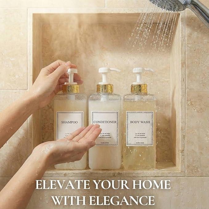 Modern Gold Design Shampoo and Conditioner Dispenser, Large 27oz Shower Soap Dispenser, Set of 3 Refillable Empty Plastic Pump Bottles for Bathroom, 6 Waterproof Labels Included, (Clear & White) - ModernBath