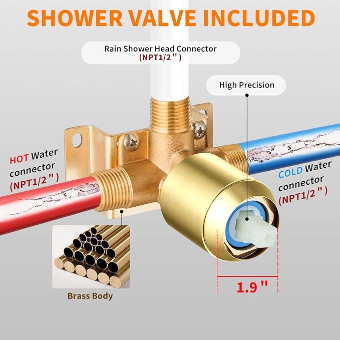 Brushed Gold Shower Faucet Single Function Trim Kit with Rough-in Valve Set Bath Rainfall Shower System 8inch Square Stainless Steel Metal Shower Head - ModernBath