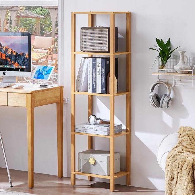 54in Tall Bookshelf 5-Tier Small Narrow Bookcase, Skinny Book Shelf for Small Space, Farmhouse Slim Shelf with Storage, Wood Freestanding Display Thin Bookshelves for Living Room, Natural - ModernBath