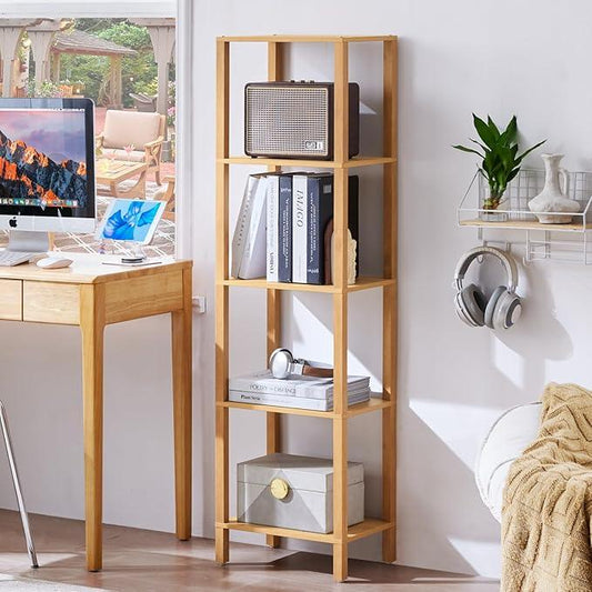 54in Tall Bookshelf 5-Tier Small Narrow Bookcase, Skinny Book Shelf for Small Space, Farmhouse Slim Shelf with Storage, Wood Freestanding Display Thin Bookshelves for Living Room, Natural - ModernBath