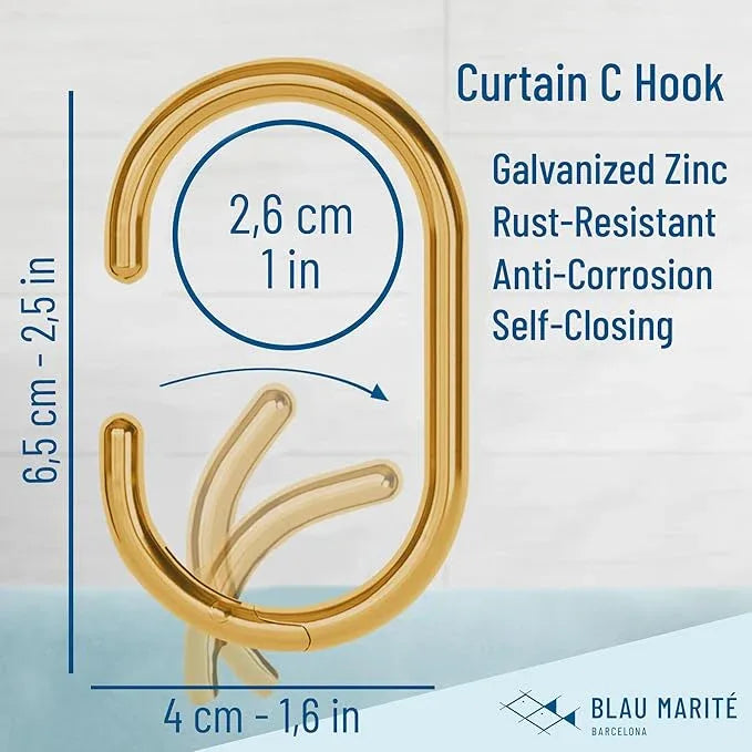 Blau Marité 12 Metal Shower Curtain Hooks, Rust-Proof Decorative C-Shaped Curtain Hooks for Bathroom, Golden Shower Curtain Rings, Fits Rods Up to 1 Inch (C, Gold) - ModernBath