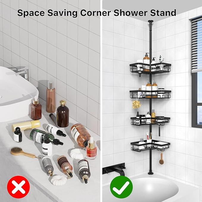 KEGII Corner Shower Caddy Tension Pole - Shower Tension Rod Organizer, Floor to Ceiling Shower Caddy 25-114.2 inch, Towel Rack Corner Waterproof, Black - ModernBath