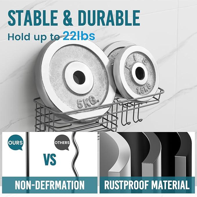 TAILI Shower Caddy Suction Cup with Hooks & Soap holder, Heavy Duty Bathroom Shower Organizer, No Drilling Shower Shelves for Inside bathroom, Metal Storage Basket-Grey - ModernBath