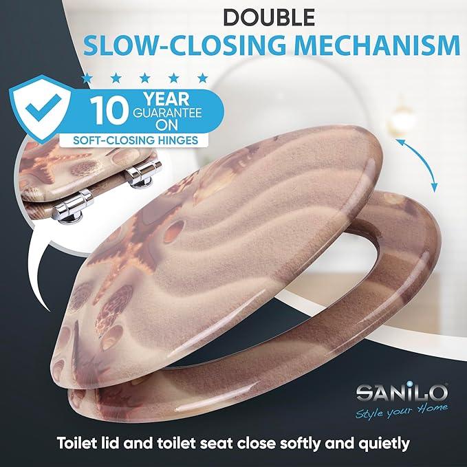 SANILO Wooden Toilet Seat with Soft Close [ELONGATED] - Decorative, Quiet & Slow Close Molded Wood Seat - With Strong Bumpers & Hinges - Adjustable Fit - Sanibel - ModernBath