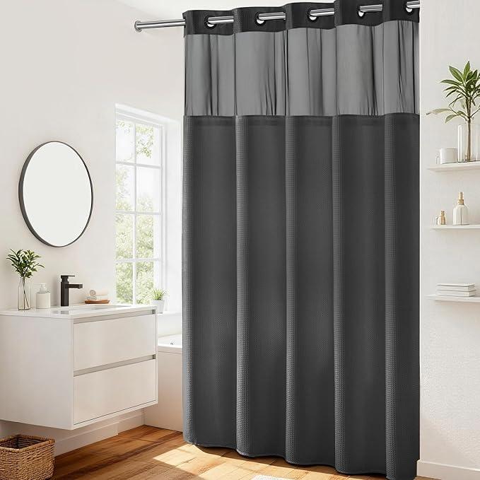 River Dream Heavyweight No Hooks Required Dotted Waffle Weave Shower Curtain with Snap in Liner -Extra Long 71W x 86H,Hotel Grade,Spa Like Bath Curtain,Graphite Grey - ModernBath