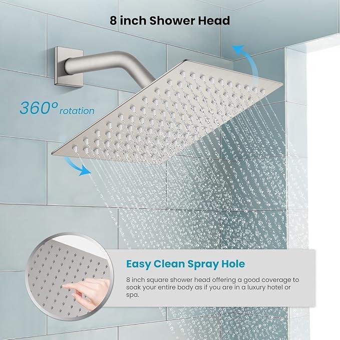 gotonovo Rainfall Bathroom Shower System Rain Shower Head and Handle Set Wall Mounted Shower Complete Combo Solid Brass Pressure Balancing Shower Mixer Valve 8 Inch Brushed Nickel - ModernBath