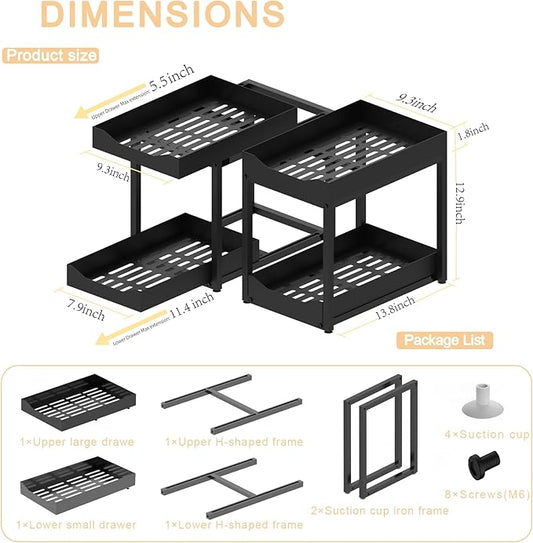 noxetu 2-Tier Bathroom Organizers and Storage, Metal Under Sink Organizers,Pull Out Cabinet Organizer Shelf, Sliding Drawer for Kitchen Pantry Cabinet Closet Organization Rack (Black, 2 Pack)
