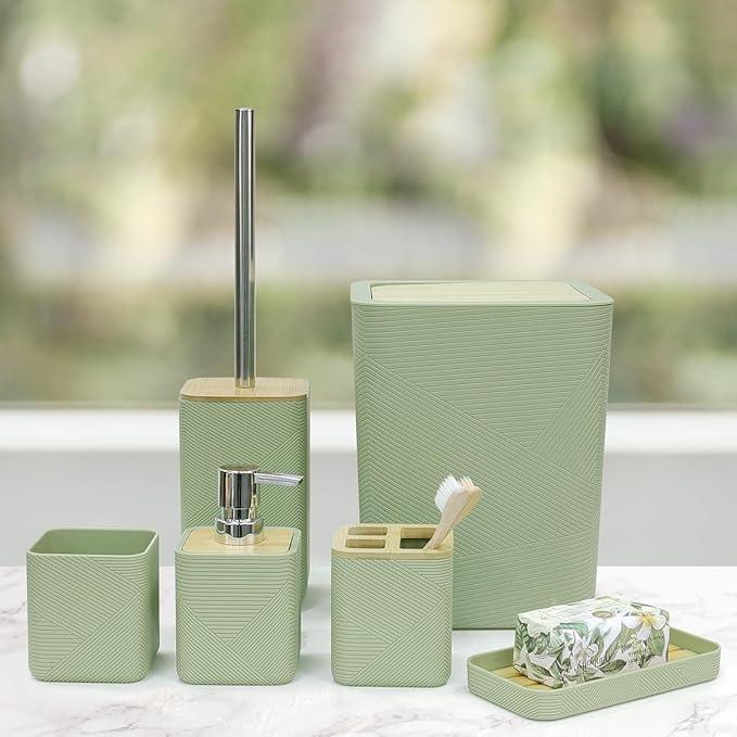 CERBIOR Bathroom Accessories Set 6 Piece Bamboo Bath Ensemble Includes Soap Dispenser, Toothbrush Holder, Toothbrush Cup, Soap Dish for Decorative Countertop and Housewarming Gift (Green) - ModernBath