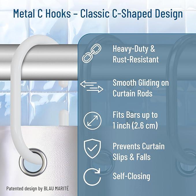 Blau Marité 12 Metal Shower Curtain Hooks, Rust-Proof Decorative C-Shaped Curtain Hooks for Bathroom, White Shower Curtain Rings, Fits Rods Up to 1 Inch (C, White) - ModernBath