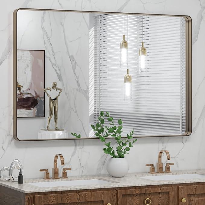 LOAAO 48”X30” Bronze Bathroom Mirrors for Vanity, Rounded Rectangle Brushed Bronze Metal Frame Mirror, Anti-Rust, Tempered Glass, Hangs Horizontally or Vertically - ModernBath