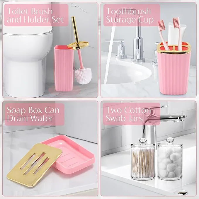 WSBArt 17PCS Bathroom Accessory Set Pink Bathroom Set Bathroom Accessories,Toilet Brush, Trash Can, Qtip Holder Dispenser& 3PCS Soap Dispenser - ModernBath