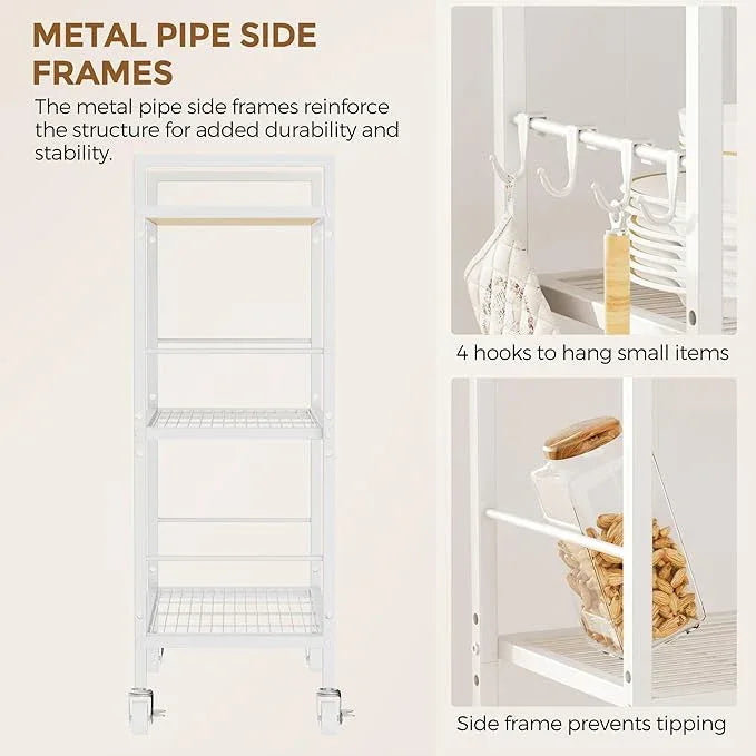 3-Tier Metal Storage Rack with Industrial Wheels,Mesh Shelving Unit with Wooden Table top,Adjustable Shelf,31.5-Inch Width, for Kitchen, Laundry,Pantry,Plant,Oak panel and white frame - ModernBath