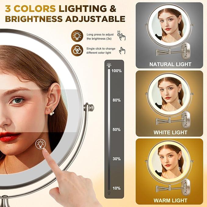 VORREMIRR Magnifying Mirror with Lights 1x/15x: 8.5" Double Sided Wall Mounted Lighted Makeup Mirror for Bathroom, 3 Color Lights & 360°Swivel Vanity Mirror, Brushed Nickel - ModernBath