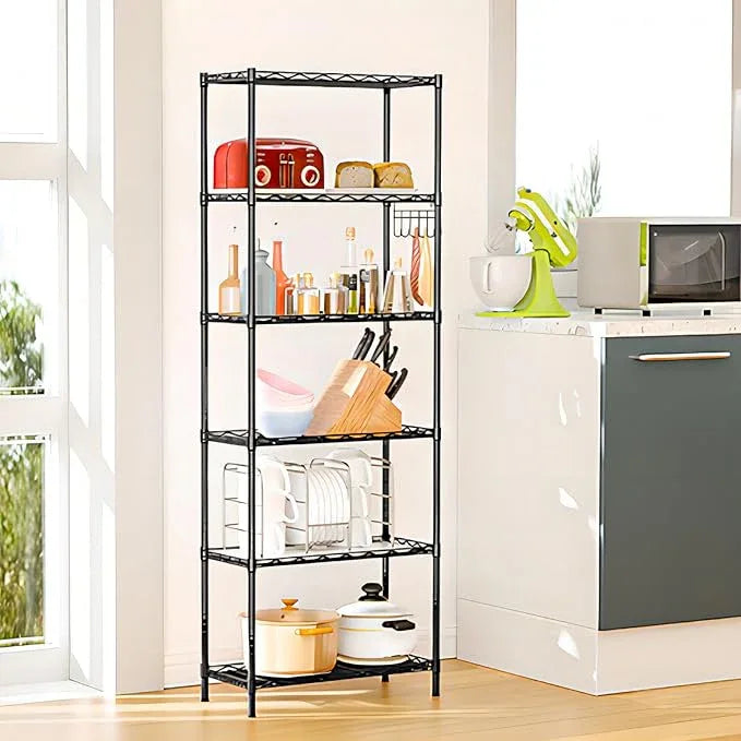Homdox 6-Tier Storage Shelf Wire Shelving Unit Free Standing Rack Organization Adjustable Leveling Feet, Stainless Side Hooks, Black - ModernBath