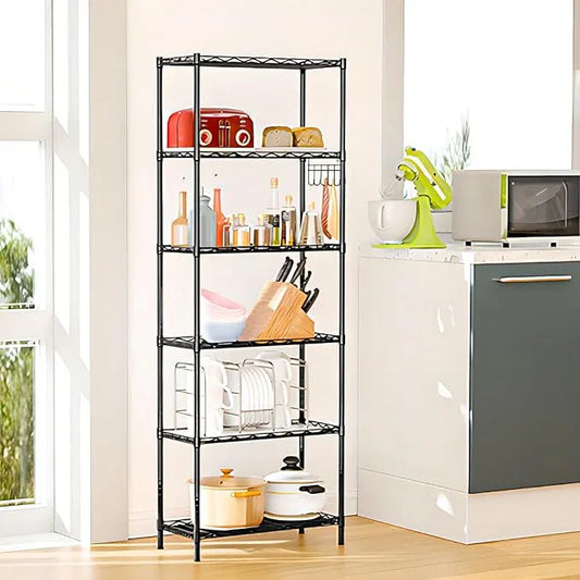 Homdox 6-Tier Storage Shelf Wire Shelving Unit Free Standing Rack Organization Adjustable Leveling Feet, Stainless Side Hooks, Black - ModernBath
