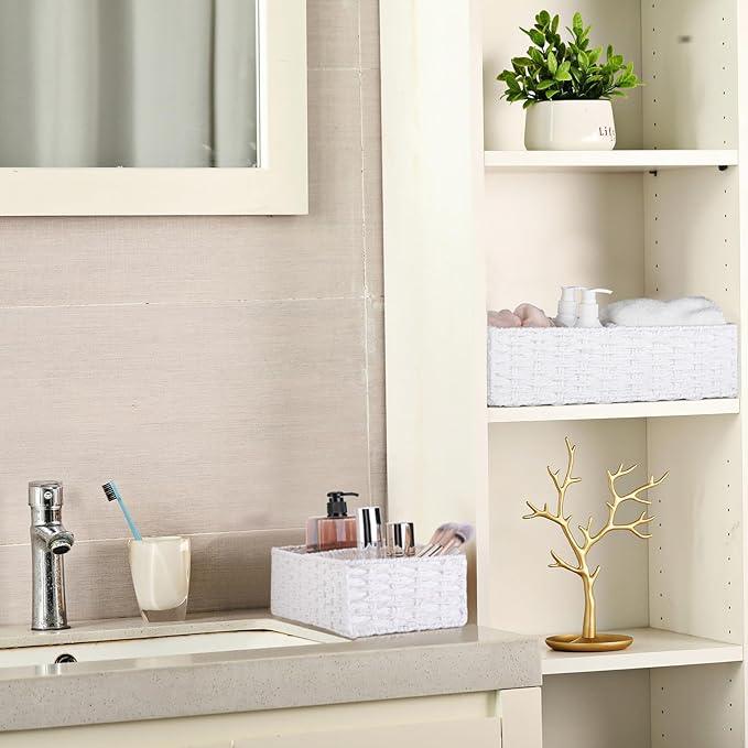 Vagusicc 2 Section Wicker Storage Basket, Wicker Baskets for Storage, Toilet Paper Basket for Toilet Tank Top, Small Wicke Baskets for Organizing Shelves, 2-Pack, White - ModernBath