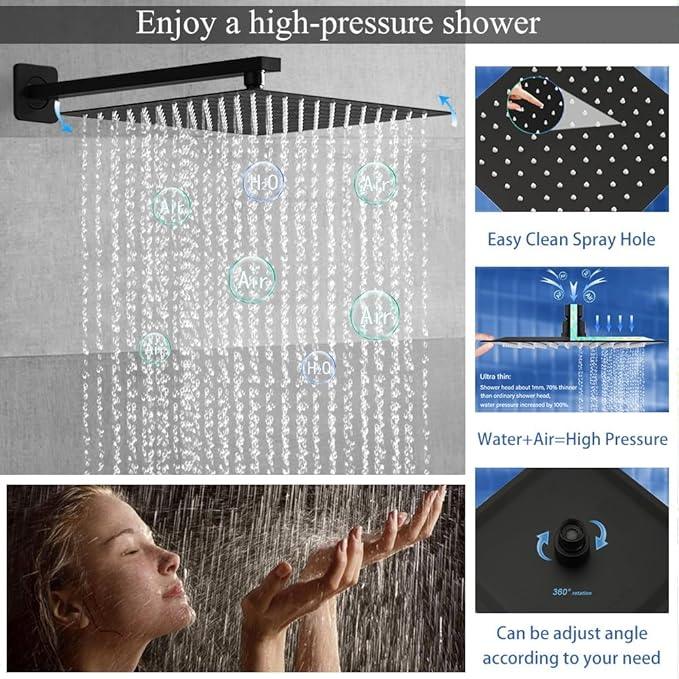 YCAIKOI Shower Faucet Set 16 Inch Wall Mount Rain Shower System, All Metal Shower Fixtures - Matte Black - ModernBath