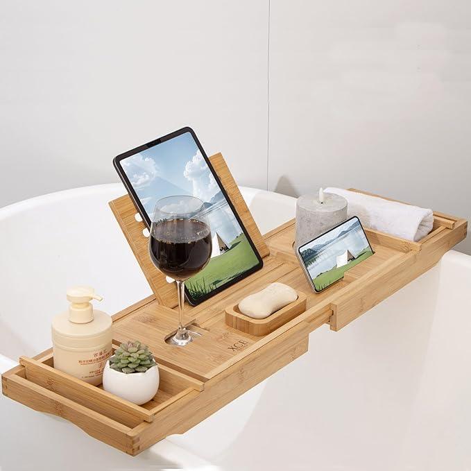 XcE Bamboo Bathtub Caddy Tray - Expandable to 41 Inches with Book Stand, Soap Holder & Anti-Slip Pads for Luxury Bath Spa, Natural - ModernBath