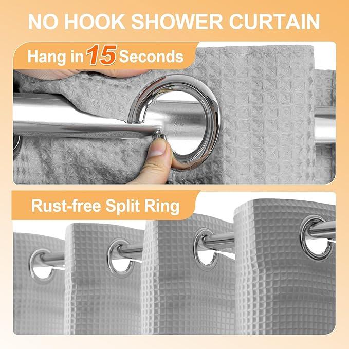 River Dream Extra Long No Hook Shower Curtain with Snap in Liner, Cotton Blend Shower Curtains for Bathroom, Hotel Grade, Water Repellent, Grey, 71" Wx86 L - ModernBath
