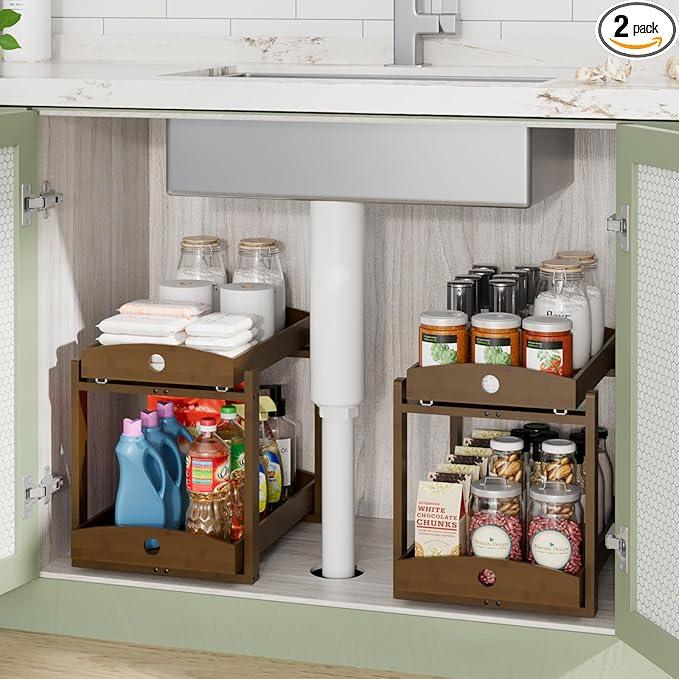 Bamboo Wood Under Sink Organizer 1 Pack, Pull Out Cabinet Organizer 2 Tier Under Sink Organizers and Storage w/Sliding Drawer Sturdy Easy Assembly for Kitchen Bathroom Undersink (Walnut, 2 Packs) - ModernBath