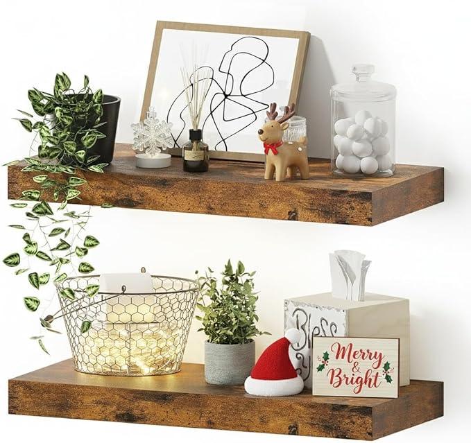 Vivelove Floating Shelves for Wall 16 inchs Long, Bathroom Shelves Over Toilet, for Bedroom, Living Room, Kitchen, Farmhouse Decor, Rustic Wall Shelves with Invisible Brackets - Set of 2, Rustic Brown - ModernBath