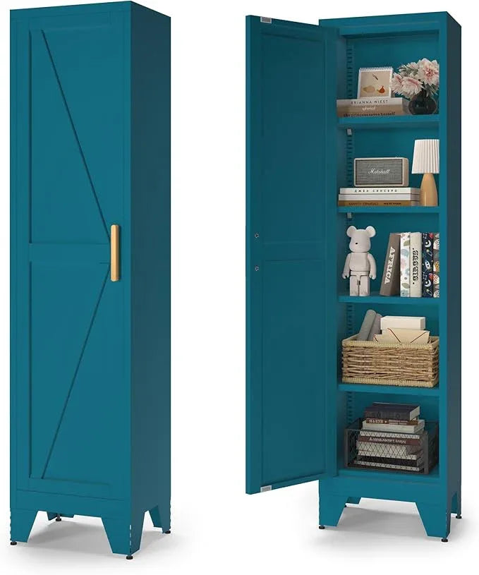 COFaR Tall Bathroom Cabinet, Metal Farmhouse Narrow Slim Storage Cabinet with Adjustable Shelves Barn Door for Bathrooms, Kitchens, Entrances Living Room (Blue) - ModernBath
