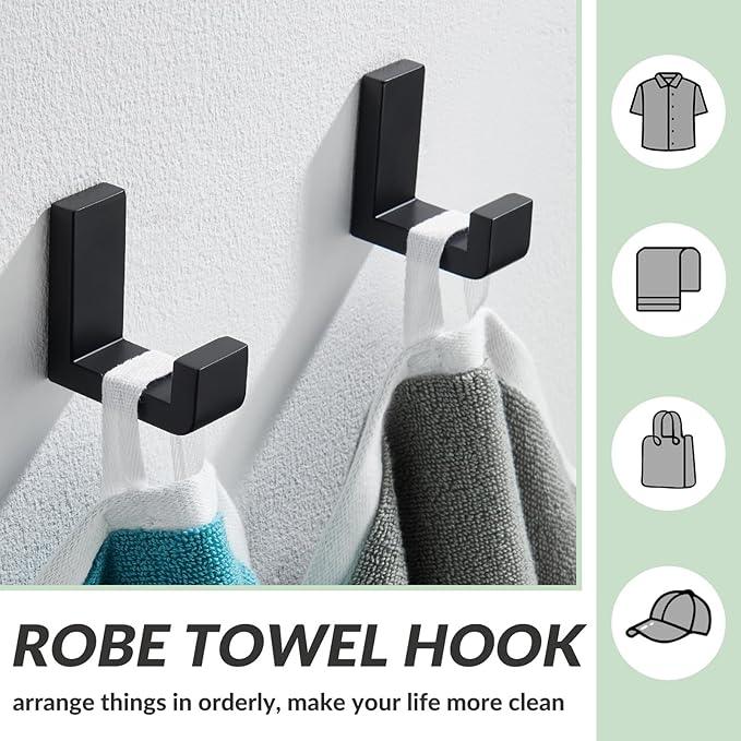 APLusee L Shape Bath Towel Hook 2 Pack, 304 Stainless Steel Coat Holder, Wall Mounted Storage Hanger for Bathroom Kitchen, Matte Black - ModernBath