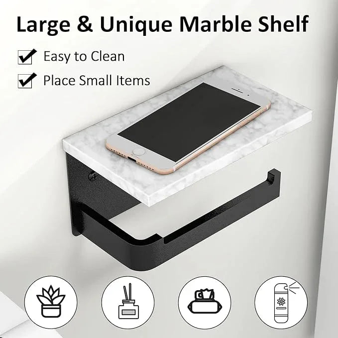 Toilet Paper Holder with Shelf, Extended Base Wall Mounted, Marble Toilet Roll Holder Black for Bathroom Washroom - ModernBath