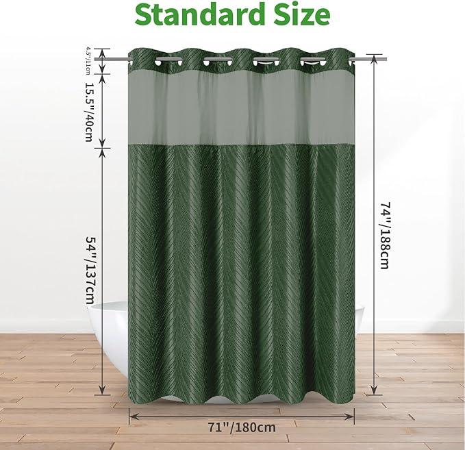 No Hook Shower Curtain and Liner Set,No Hook Tufted Striped Textured Shower Curtain with Snap in Liner Replacement and Waterproof Fabric,Boho Style with See Through Top Window,DarkGreen,71Wx74H - ModernBath