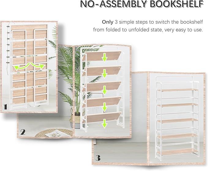 4NM No Assembly Extra Wide 5 Tiers Folding Bookshelf Storage Shelves Vintage Bookcase Standing Racks Study Organizer Home Office (Natural White) - ModernBath