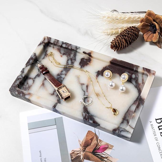 Natural Calacatta Viola Marble Tray 10"x6" Rectangular - Non-Resin Bathroom Vanity Organizer & Office Desk Tray | Waterproof Stone Serving Platter for Jewelry/Perfume (Purple Portoro) - ModernBath