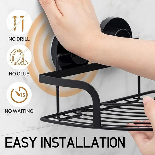 LEVERLOC 2 Pack Strong Suction Cup Corner Shower Caddy, Large Capacity Removable Bathroom Organizer, Stainless Steel Rustproof Shower Shelves with Hook, Drill-Free Wall Mounted Suction Basket, Black - ModernBath