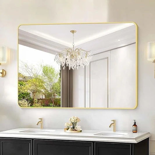 CIVENO 55"x36" Gold Bathroom Mirror, Large Rectangle Mirror, Rectangular Wall Mirror, Rounded Corner Vanity Mirror with Aluminum Metal Frame for Bathroom Bedroom Living Room Horizontal/Vertical - ModernBath