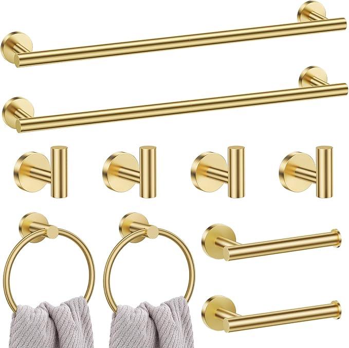 Lairuier Brushed Gold Bathroom Hardware Set, 10-Piece Towel Bar Set SUS304 Stainless Steel Bathroom Hardware Accessories Set Round Towel Holder Set Wall Mounted - ModernBath