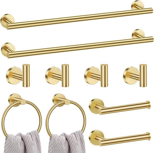 Lairuier Brushed Gold Bathroom Hardware Set, 10-Piece Towel Bar Set SUS304 Stainless Steel Bathroom Hardware Accessories Set Round Towel Holder Set Wall Mounted - ModernBath