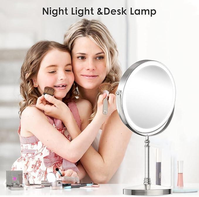 Lighted Makeup Mirror, 3000 mAh Rechargeable Double Sided Magnifying Vanity Mirror with 3 Colors, 1x/10x, 360° Rotation , Brightness Adjustable Magnification Cosmetic Light up Mirror, Women Gift - ModernBath