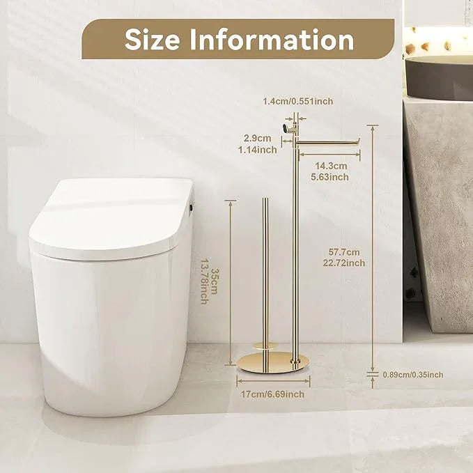 BGL Toilet Paper Holder Stand, SUS304 Stainless Steel Gold, Weighted Base, Holds 5 Jumbo Rolls, Space-Saving Modern Bathroom Storage with Built-in Hook - ModernBath
