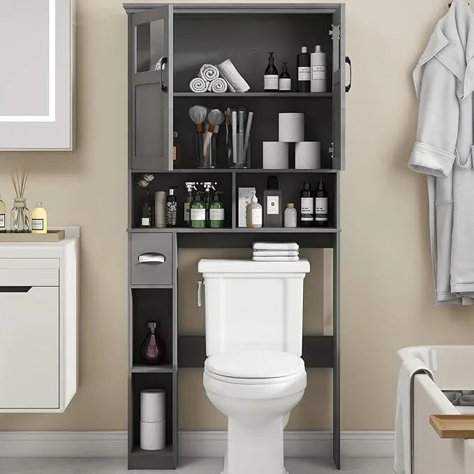 Over The Toilet Storage Cabinet With Double Doors & Paper Holder Stand, Freestanding Shelf Space Saver, Anti-Tip Design & Adjustable Shelf, Natural Grey - ModernBath