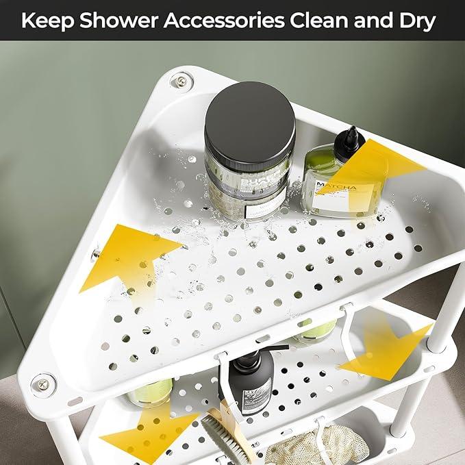 3 Tier Corner Shower Caddy Standing Floor Standing Corner Shower Caddy Organizer Shower Table Plastic Metal Splicing Shelf Storage Rack for Bathroom White- Rustproof - ModernBath