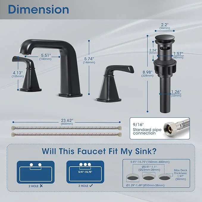 Widespread Bathroom Sink Faucet, Matte Black Bathroom Faucet 3 Hole，Brass Vanity Faucet with Pop Up Drain and 2 Supply Lines - ModernBath