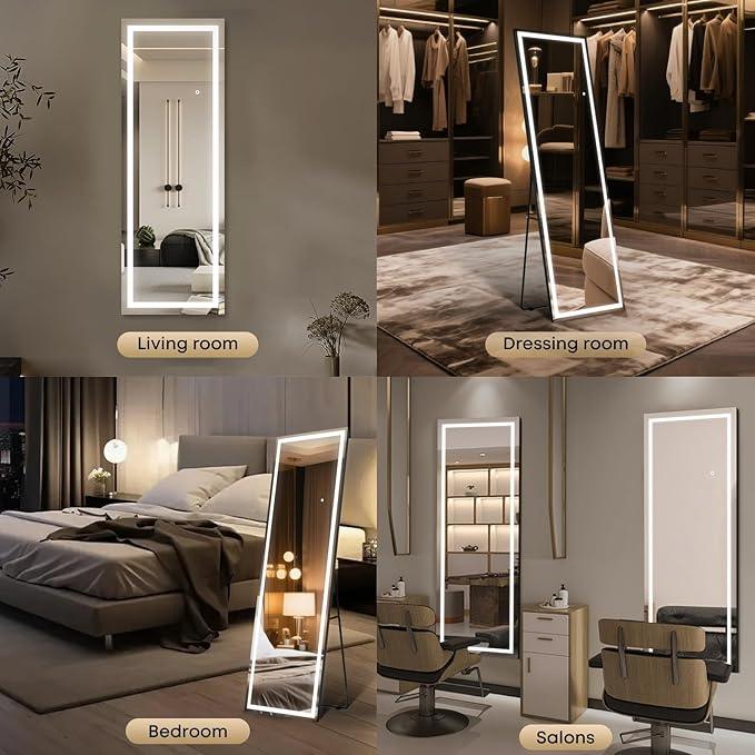 Kosmonia 67x24 Frameless Full Length Mirror, Dimmable 3 Color LED Light w/Memory Function, Distortion Free, HD Reflection & Anti Desilvering, Tempered Glass & Shatter Proof Film Doubling Safety - ModernBath