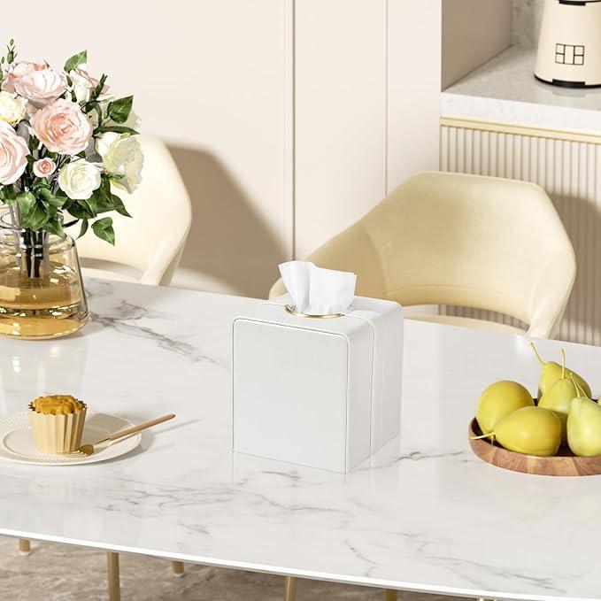 Cretkhp Luxury Square Tissue Box Cover, PU Leather Tissue Box Holder with Magnetic Closure and Gold Decorative Grommets for Bathroom Bedroom, Decorative Elegant Cube Tissue Holder (Cream) - ModernBath