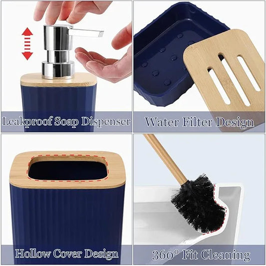 XLHOMO Blue Bathroom Set - Navy Blue Bathroom Accessories Set with with Trash Can,Toothbrush Holder,Toothbrush Cup,Soap Dispenser,Tray,Soap Dish,Toilet Brush,Qtip Holders for Bathroom Home Decor - ModernBath
