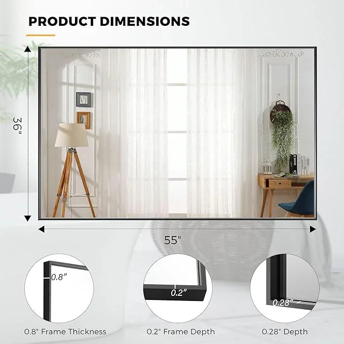 Bonverre 55x36 Inch Black Bathroom Mirror for Wall, Aluminum Frame Rectangle Rectangular Vanity Mirror, Modern Large for Bedroom, Living Room, Horizontal or Vertical - ModernBath