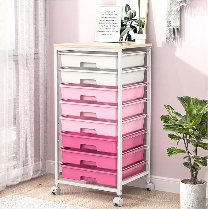 Rolling Cart with Drawers,Storage Cart with 8 Drawers and Wooden Tabletop,Utility Cart for Living Room,Classroom, Bedroom,Bathroom,Dorm,Office,Rose Pink - ModernBath